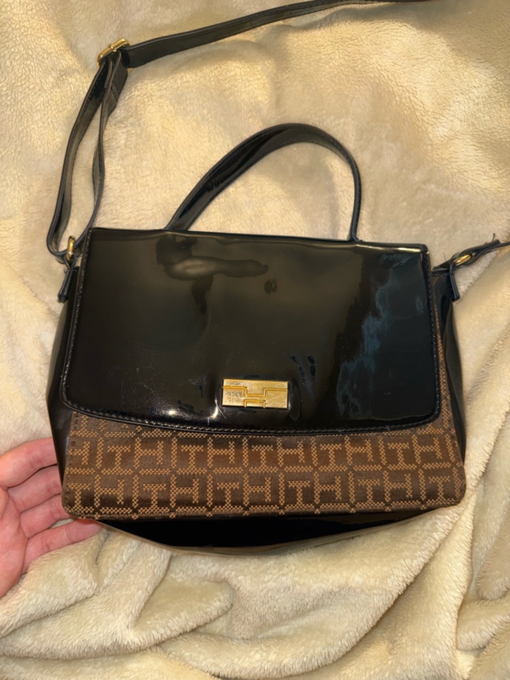 Tommy Hilfiger Black Patent & Brown Logo Satchel